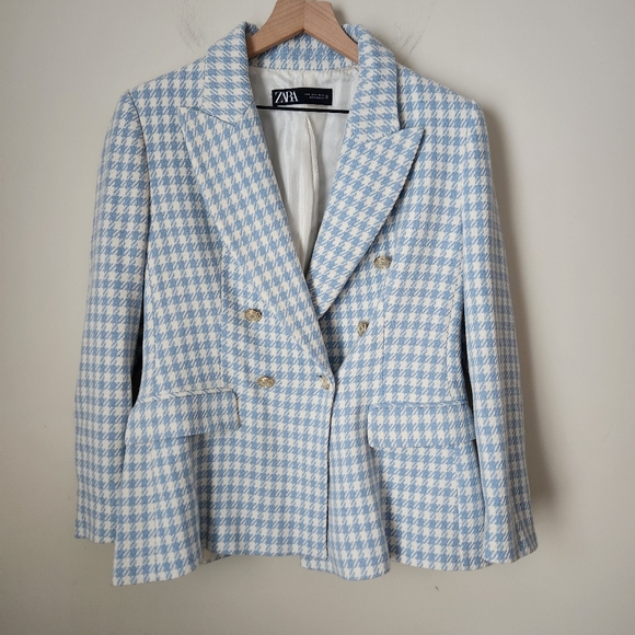 Zara | Double Breasted Houndstooth Blue & White Blazer - Size XL - Picture 2 of 12